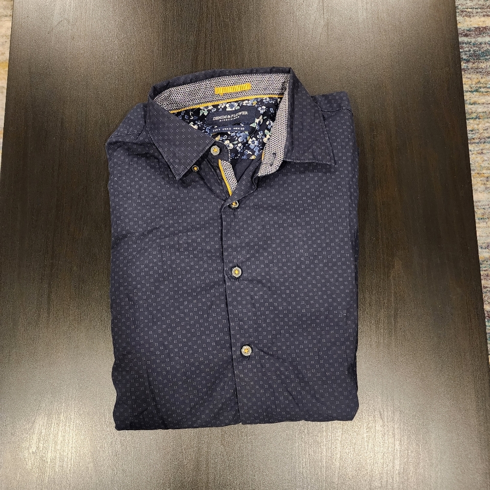Men's Navy Blue Button Shirt - Denin & Flower - S